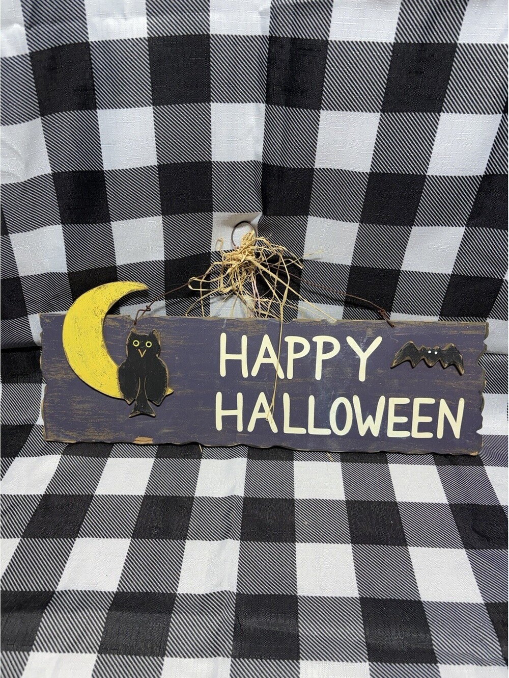 Happy Halloween Sign Wood Owl , Bat & Moon on Wire Hanger Decor